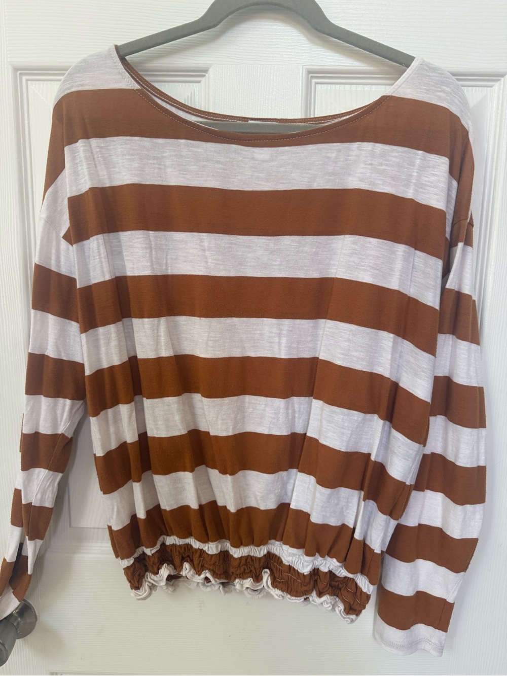 Striped Long-Sleeve Top - White & Mustard/Brown